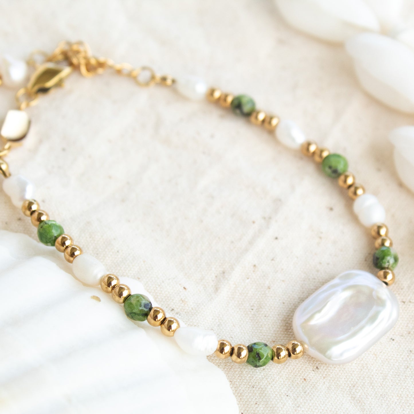 Elysian Soul Bracelet: pearl, jade, gold beads
