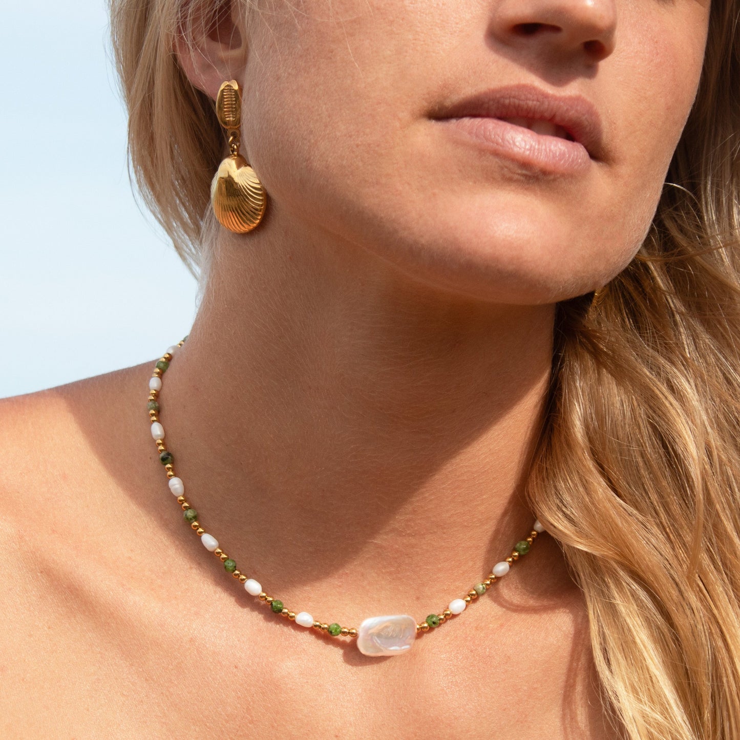 Elysian Soul Necklace: pearl, green stone, gold accents