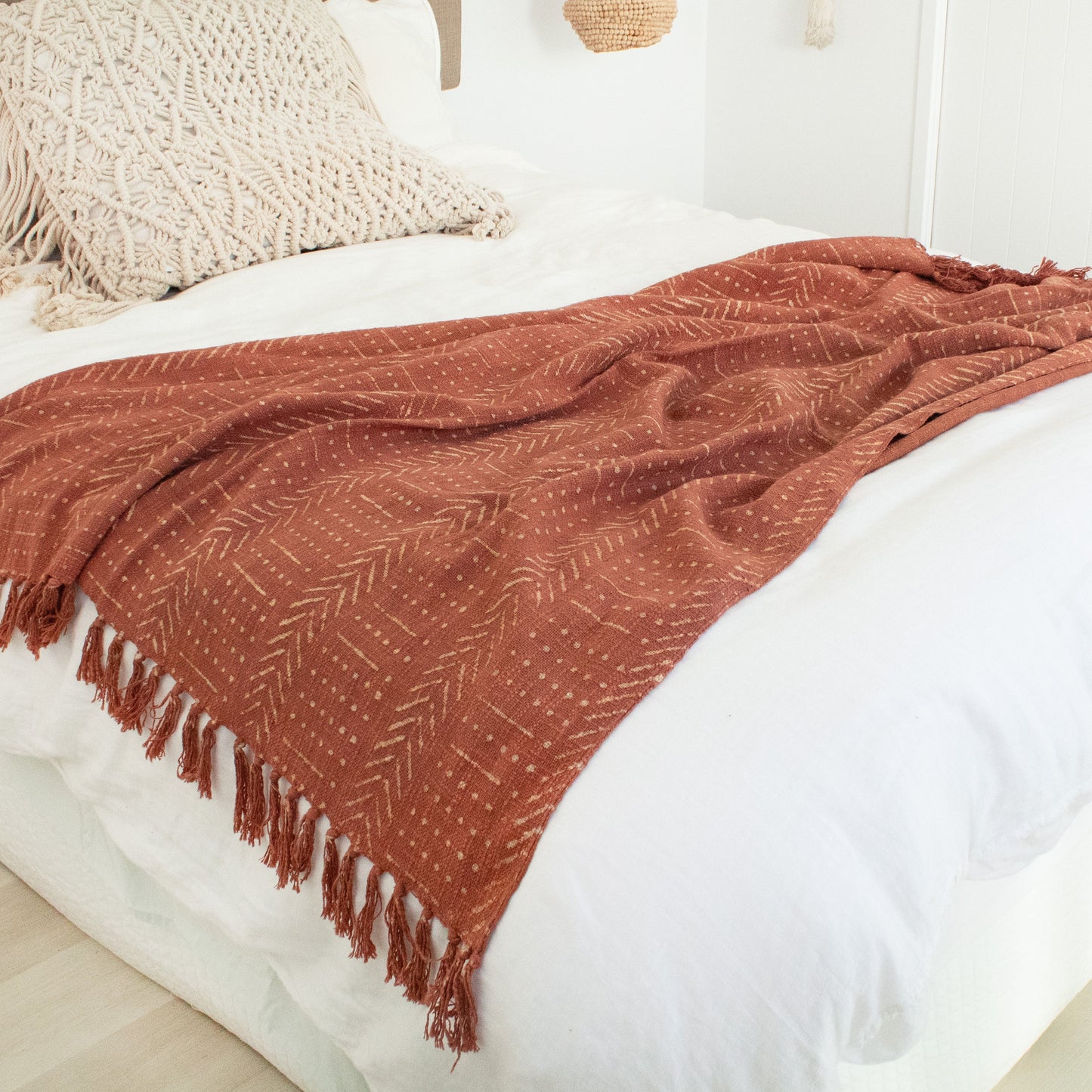 Terracotta Desert Weave throw blanket with fringe