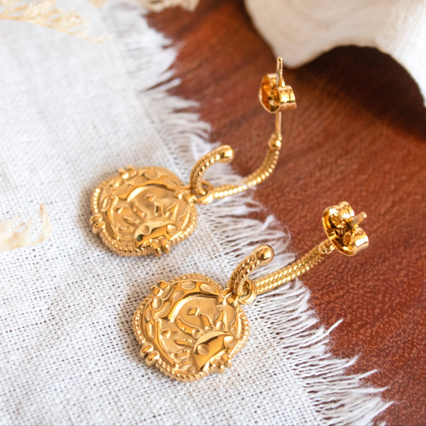 Gold coin drop earrings