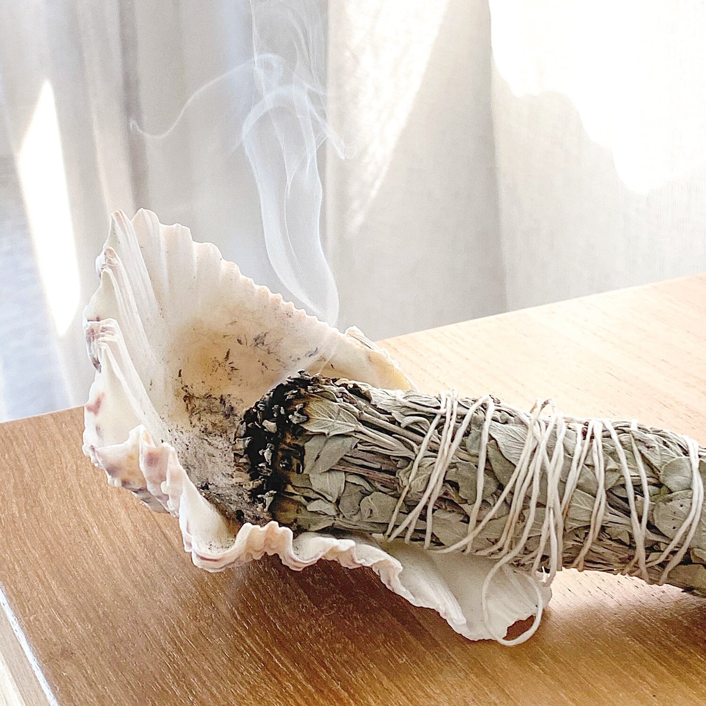 Large sage smudge stick burning in shell