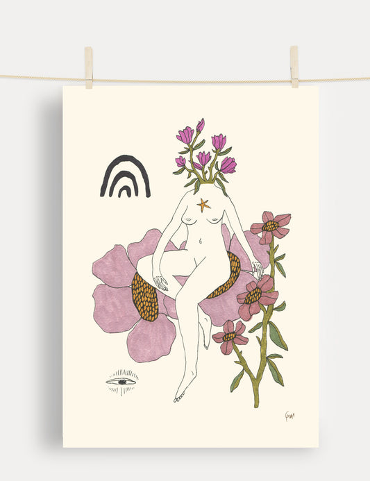 Abundance art print: woman with flowers on head