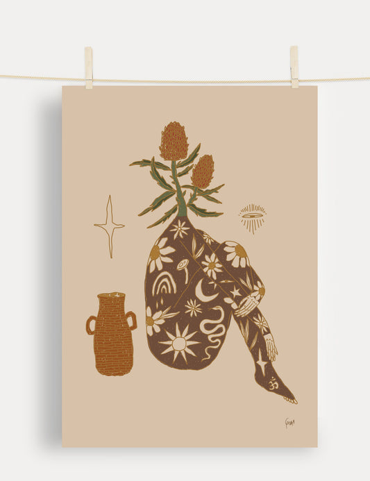 Aruna print: woman with flowers, celestial symbols