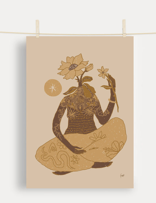 Bodhi: Woman with flower head, illustrative print
