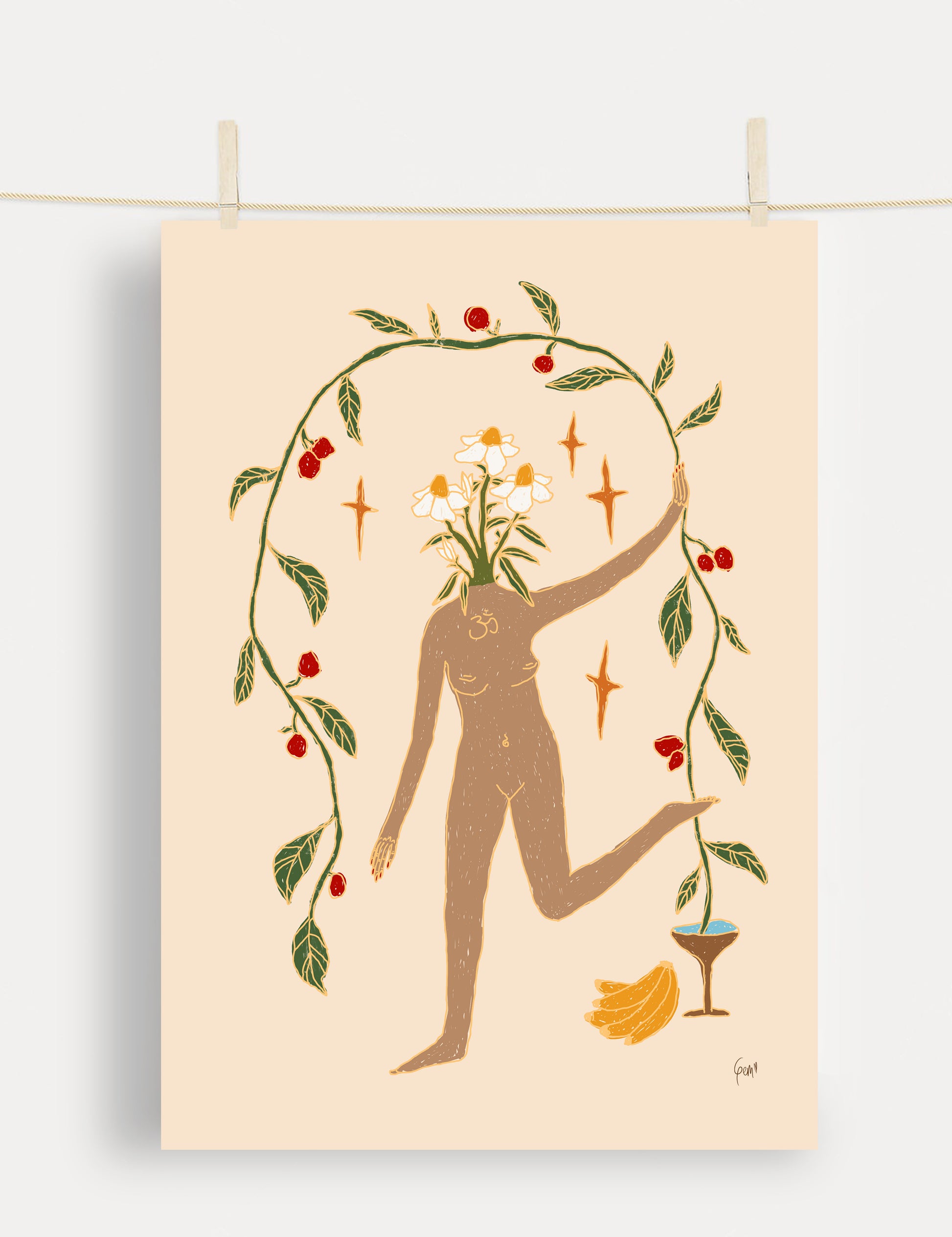 Living Joy art print: woman with flowers for head