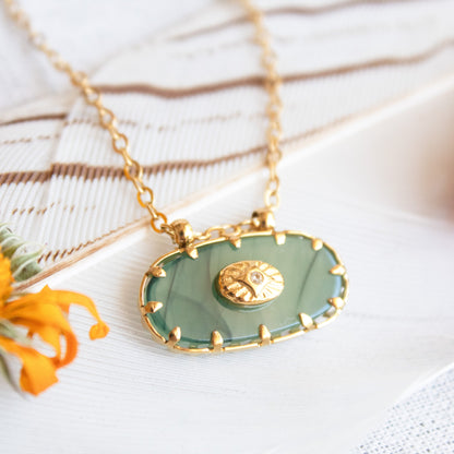 Gold Manifestation Necklace with green jade pendant