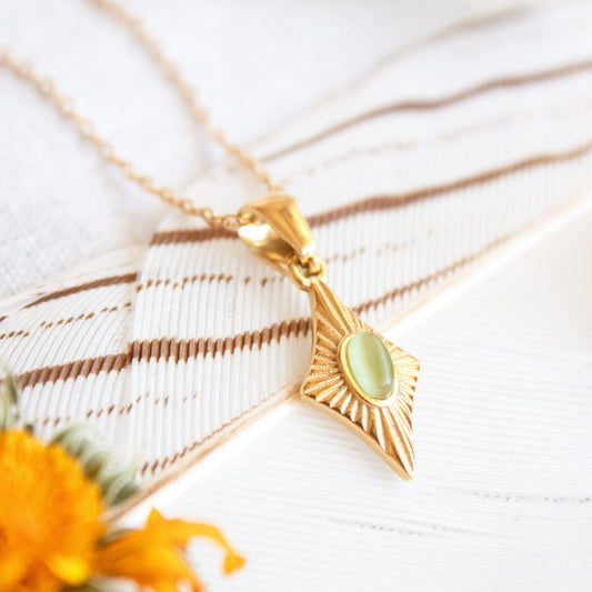 Gold Protection Necklace with green gemstone