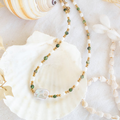 Elysian Soul Necklace: pearl, green stone & gold beads