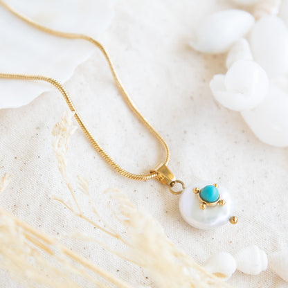 Gold chain necklace with pearl and turquoise pendant