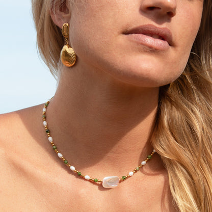Elysian Soul Necklace: pearl, green stone, gold accents