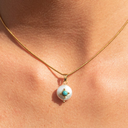 Gold chain necklace with pearl and turquoise pendant