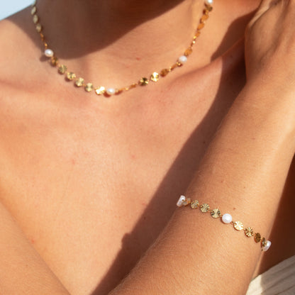 Gold pearl necklace and bracelet set