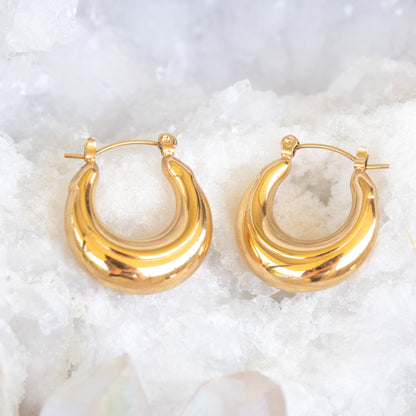 Gold Akal hoop earrings on white background