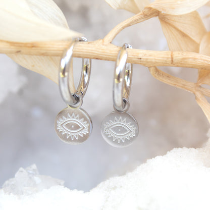 Silver All Seeing Eye hoop earrings