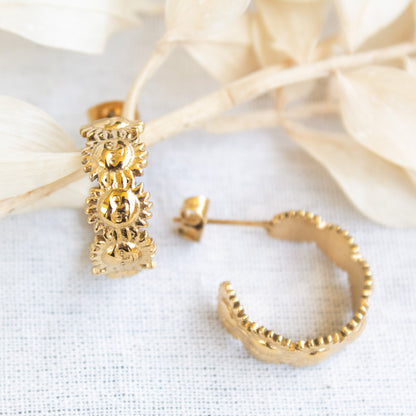 Gold Sun Deity hoop earrings