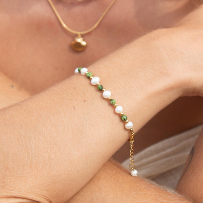 Woven Tide Bracelet with pearls and green stones