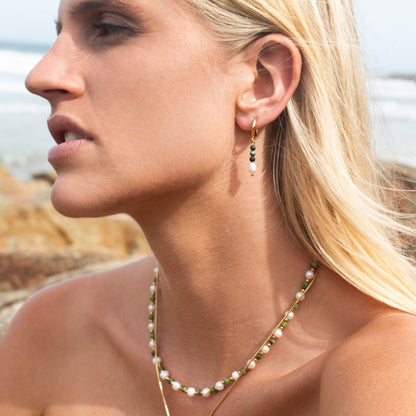 Sea Whisper gold earrings with pearls and green stones