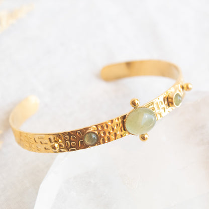 Gold Sacred Earth Bangle with green stones