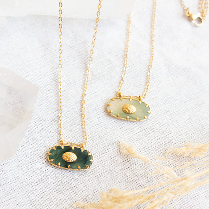 Oval green jade Manifestation Necklace with gold sun detail