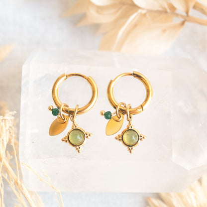 Gold hoop earrings with green gemstone charms