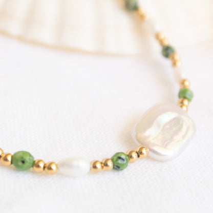 Elysian Soul Necklace: pearl, jade, gold beads