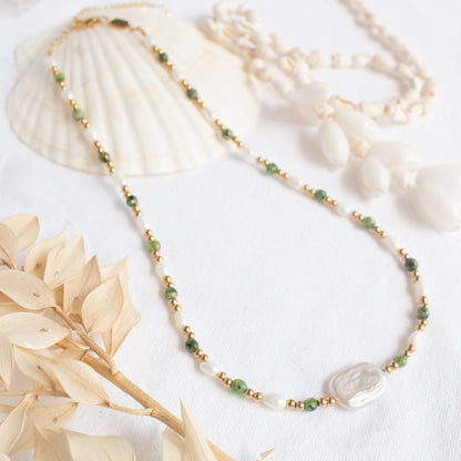 Elysian Soul Necklace: pearl, green stone, gold accents