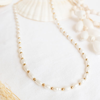 Sacred Shore Necklace: pearl and gold beads