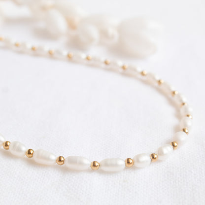 Sacred Shore Necklace: pearl and gold beads