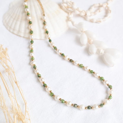 Woven Tide Necklace: pearl, green stone, gold beads