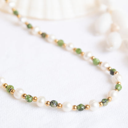 Woven Tide necklace: pearls, green beads, gold accents