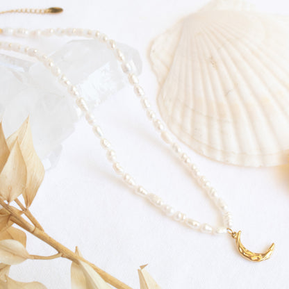 Luna Pearl Necklace with gold crescent moon charm