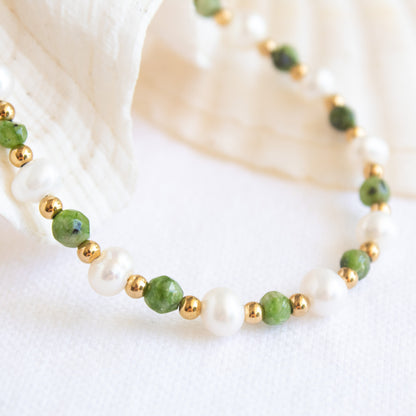 Woven Tide Bracelet: pearl and green stone beads