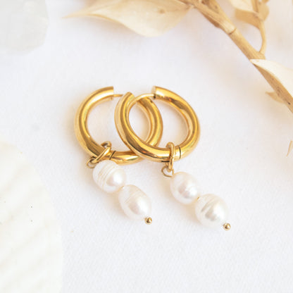 Gold hoop earrings with double pearl drops