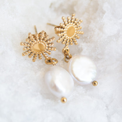 Gold sunburst pearl drop earrings