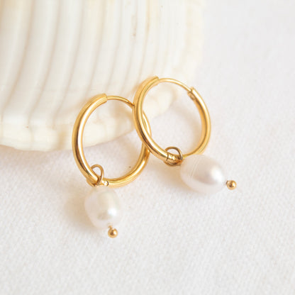 Gold hoop earrings with pearl drops - Moon Tide