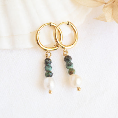 Gold hoop earrings with pearl and turquoise beads