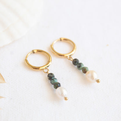 Sea Whisper pearl and turquoise hoop earrings