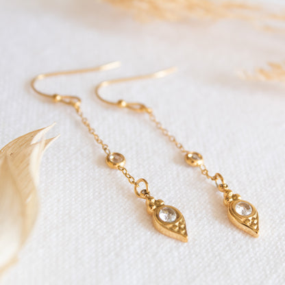 Gold dangle earrings with clear gemstones