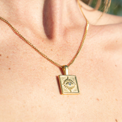 Gold square evil eye pendant necklace