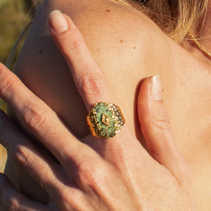 Mystic Earth Ring with green stone and gold accents
