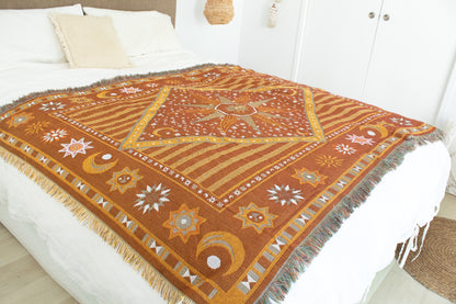 Brown celestial-print woven blanket with fringe