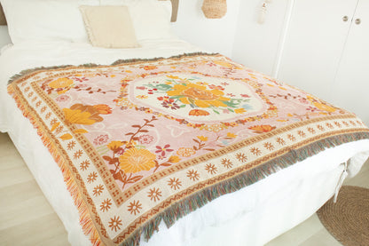 Bohemian floral throw blanket with fringe