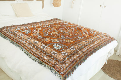 Brown floral print woven blanket with fringe