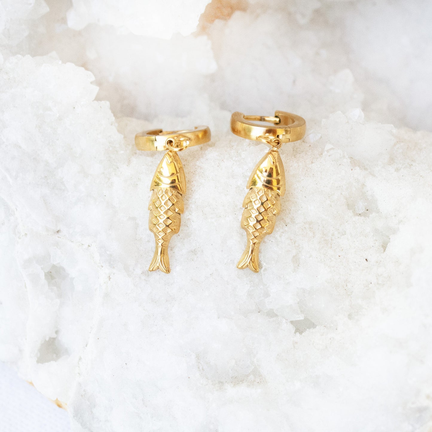 Gold reef fish hoop earrings