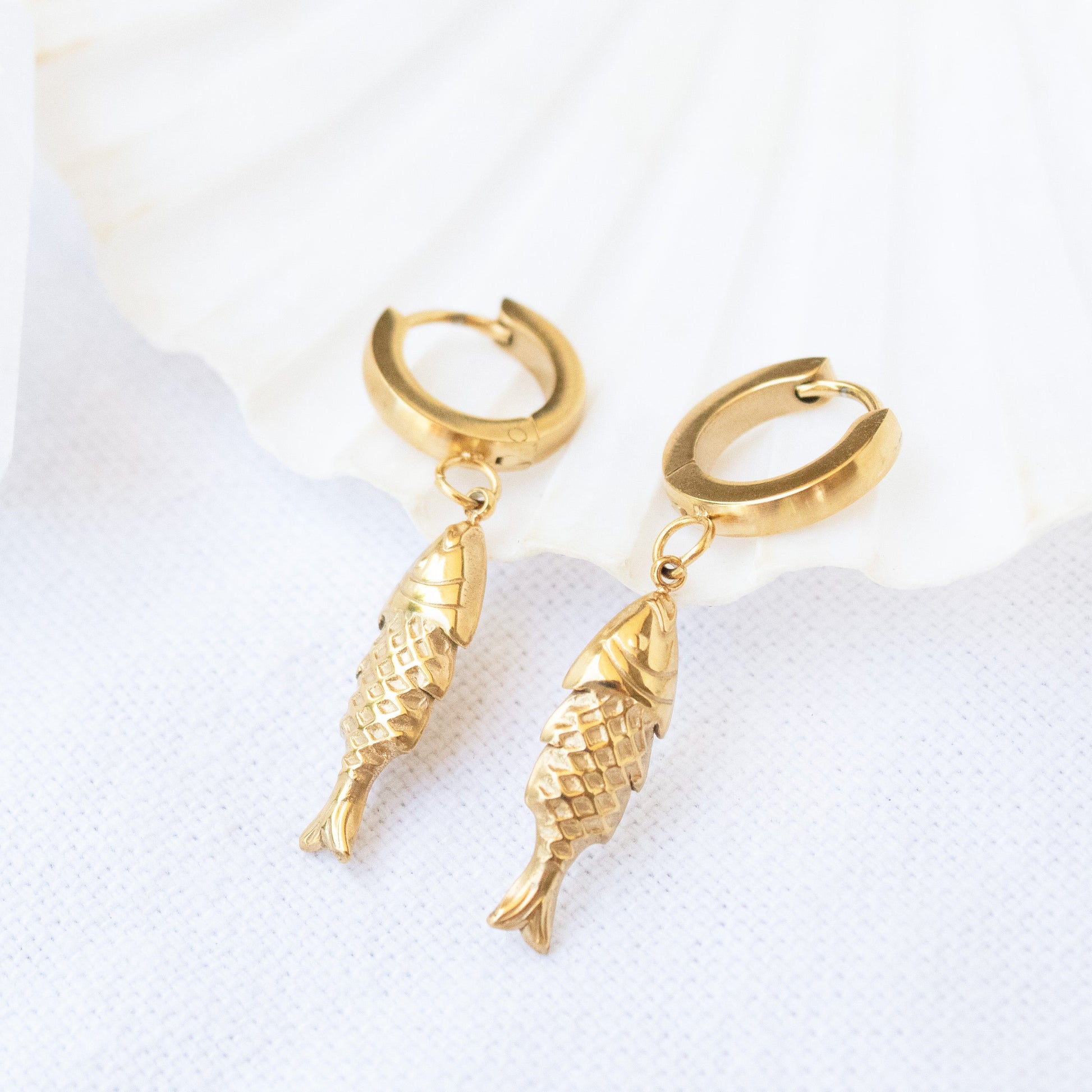 Gold fish hoop earrings