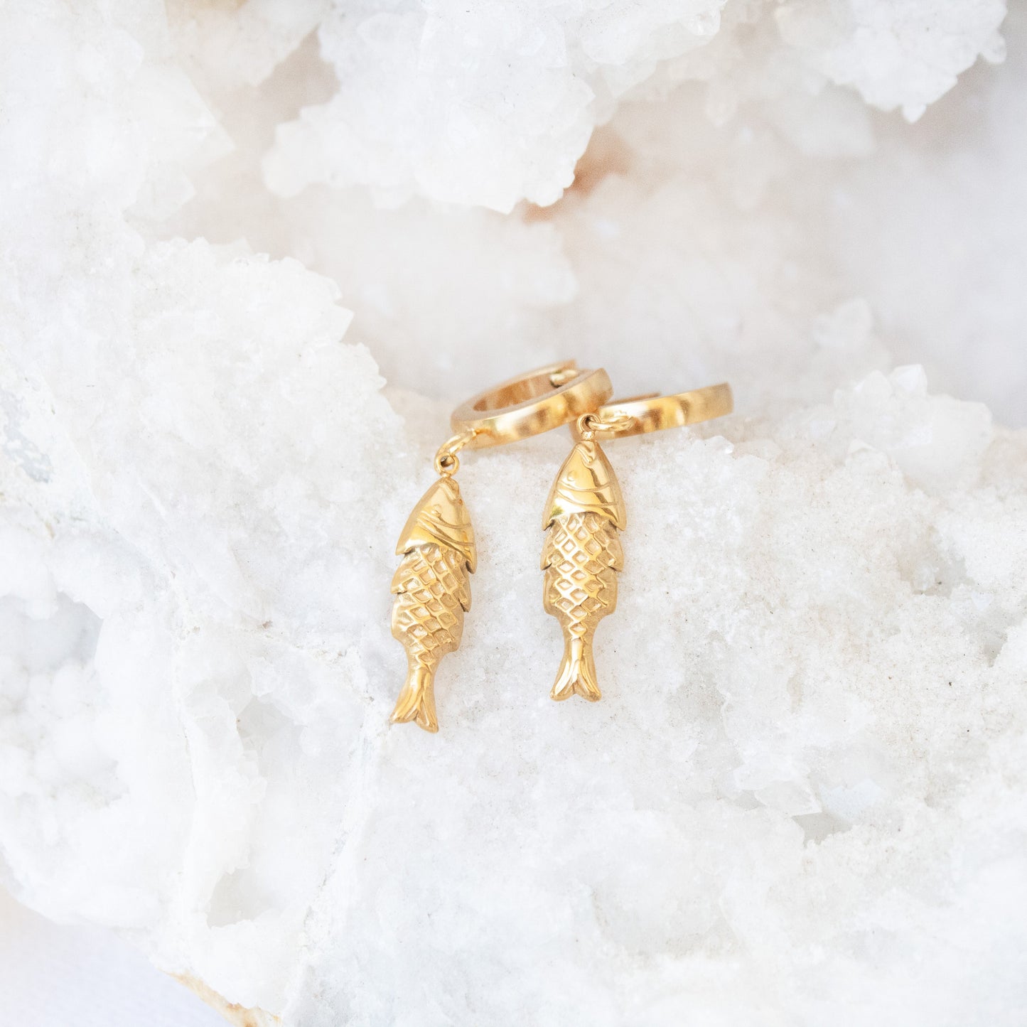 Gold fish dangle hoop earrings