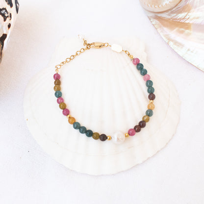Gold rainbow gemstone bracelet with pearl