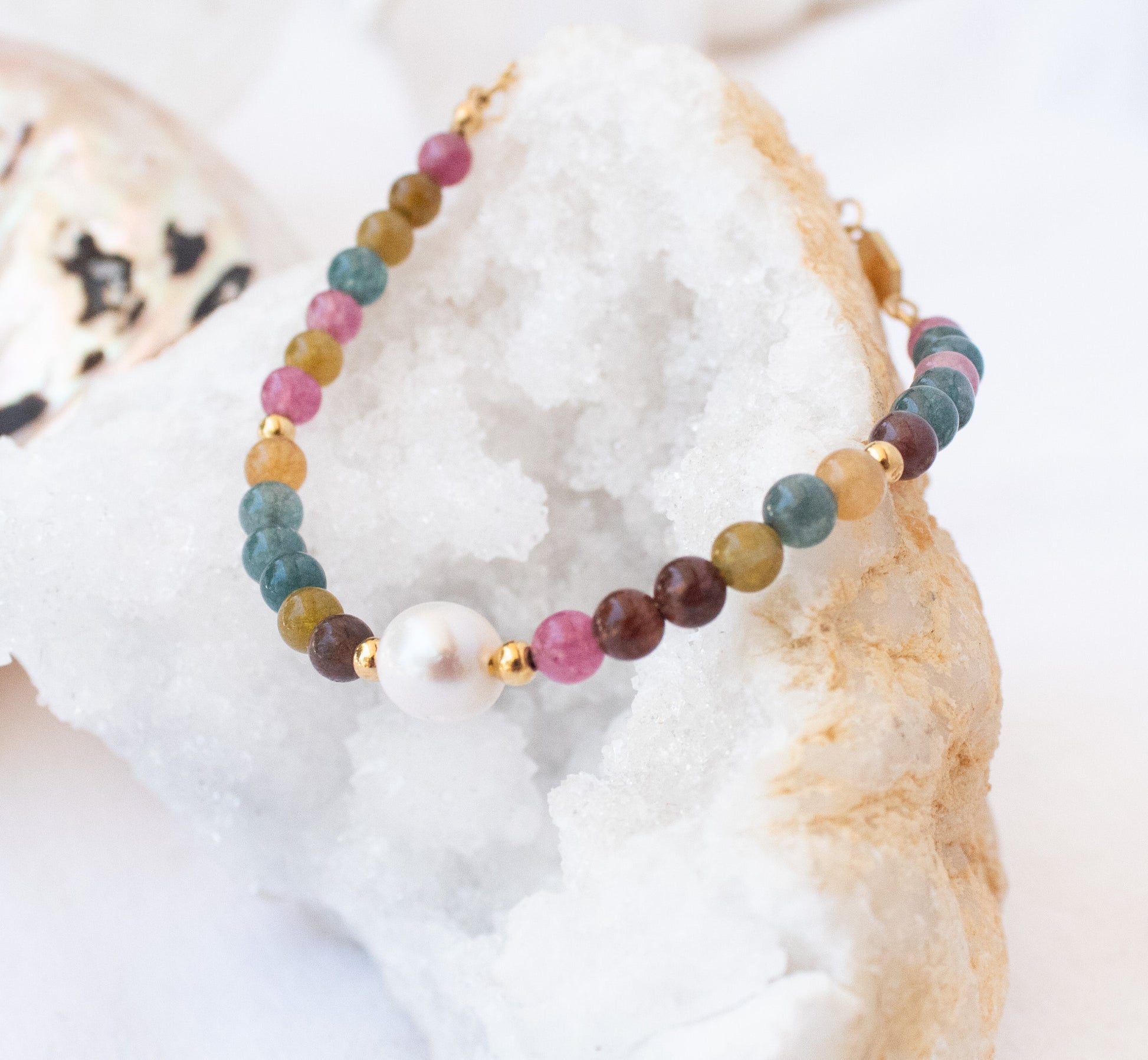 Pearl and multi-gemstone rainbow beaded bracelet