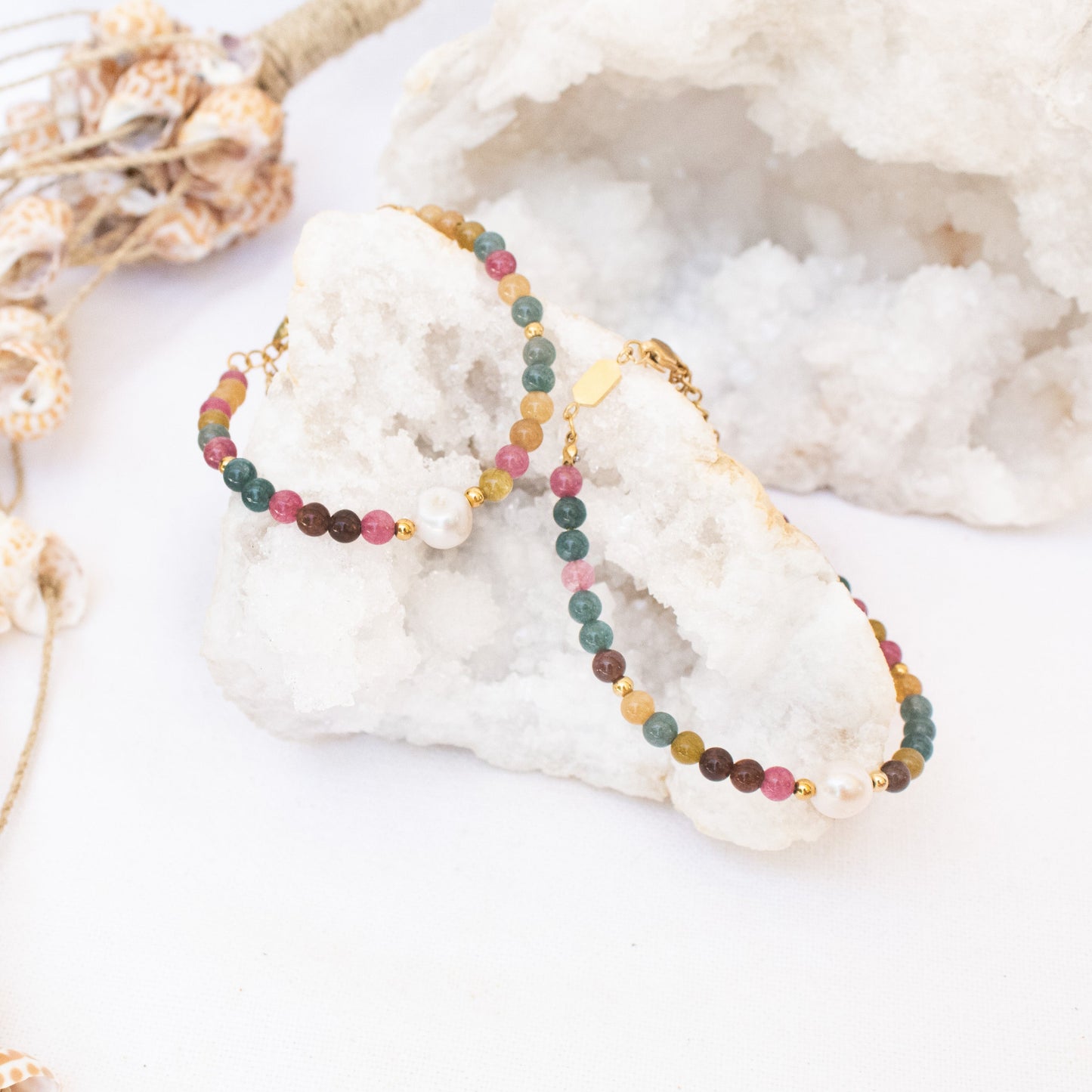 Rainbow tourmaline beaded bracelet with pearl