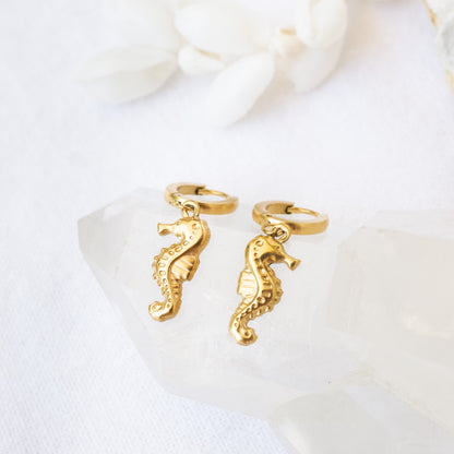 Gold seahorse hoop earrings